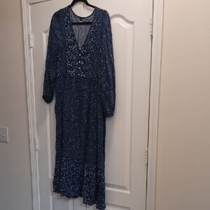 Women's Navy Floral Three Quater Length Sleeve Dress